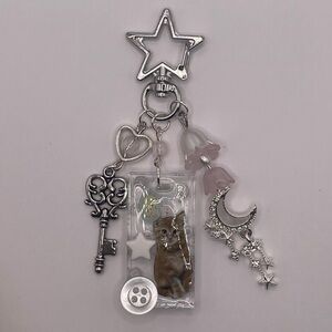 Silver and Pink Star Keychain with Cat Charm
